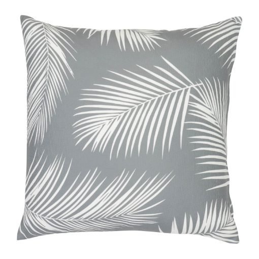 A repeating palm tree leaf print features on a waterproof grey outdoor cushion cover.
