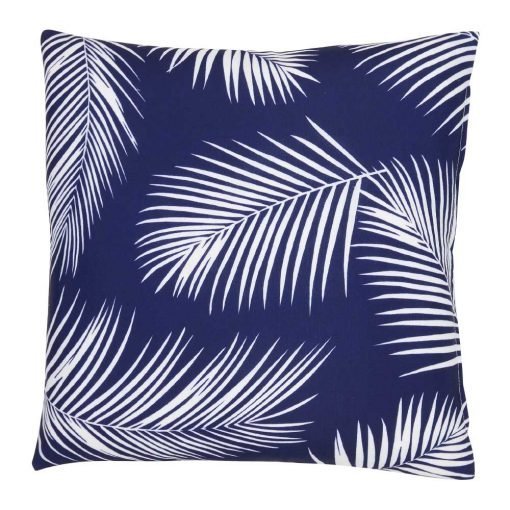 A repeating palm tree leaf print features on a waterproof navy blue outdoor cushion cover.