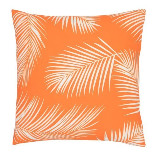 A repeating palm tree leaf print features on a waterproof orange outdoor cushion cover.