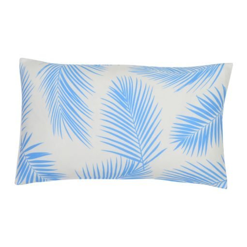 A rectangular bright blue outdoor cushion with beautiful palm leaf pattern on both sides.