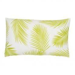 A rectangular lime green outdoor cushion with beautiful palm leaf pattern on both sides.