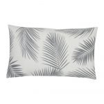 A rectangular grey outdoor cushion with beautiful palm leaf pattern on both sides.