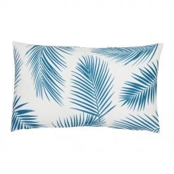A rectangular teal outdoor cushion with beautiful palm leaf pattern on both sides.