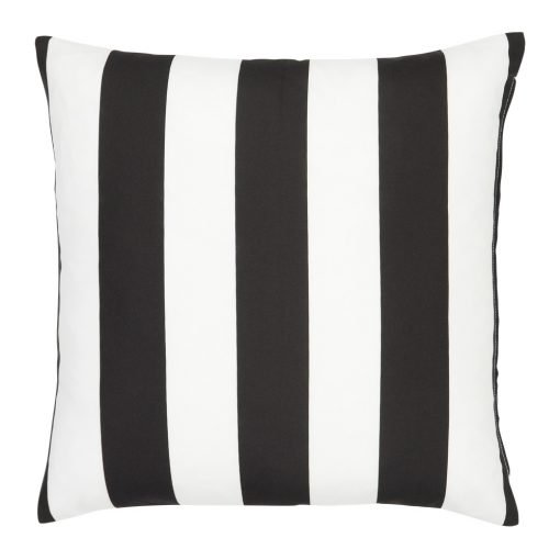 A bold black and white striped pattern features on a large outdoor cushion that is also UV resistant and waterproof.