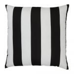 A a top view of a black and white outdoor floor cushion is shown with stripes on one side and a solid colour on the other.