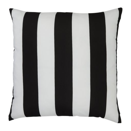 A a top view of a black and white outdoor floor cushion is shown with stripes on one side and a solid colour on the other.