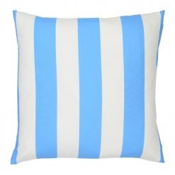 A bold bright blue striped pattern features on a large outdoor cushion that is also UV resistant and waterproof.