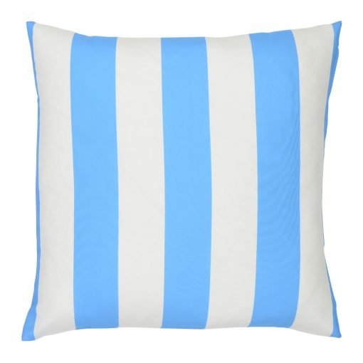 A bold bright blue striped pattern features on a large outdoor cushion that is also UV resistant and waterproof.