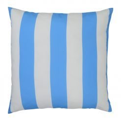A top view of a bright blue outdoor floor cushion is shown with stripes on one side and a solid colour on the other.