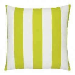 A bold lime green striped pattern features on a large outdoor cushion that is also UV resistant and waterproof.