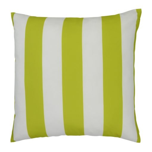 A top view of a lime green outdoor floor cushion is shown with stripes on one side and a solid colour on the other.