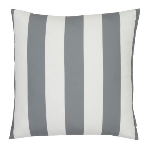 A bold grey striped pattern features on a large outdoor cushion that is also UV resistant and waterproof.