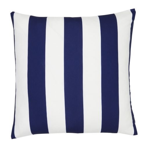 A bold navy blue striped pattern features on a large outdoor cushion that is also UV resistant and waterproof.