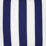 A close up view of a bold navy blue striped pattern features on a large outdoor cushion that is also UV resistant and waterproof.