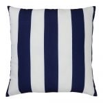A top view of a navy blue outdoor floor cushion is shown with stripes on one side and a solid colour on the other.