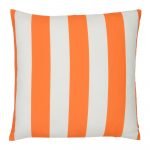 A bold orange striped pattern features on a large outdoor cushion that is also UV resistant and waterproof.