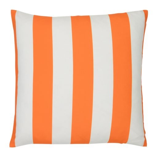 A bold orange striped pattern features on a large outdoor cushion that is also UV resistant and waterproof.