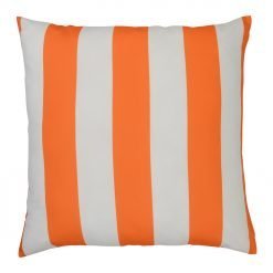 A top view of an orange outdoor floor cushion is shown with stripes on one side and a solid colour on the other.