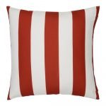 A bold red striped pattern features on a large outdoor cushion that is also UV resistant and waterproof.