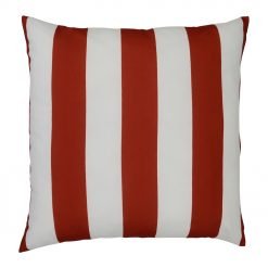 A top view of a red outdoor floor cushion is shown with stripes on one side and a solid colour on the other.