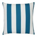 A bold teal striped pattern features on a large outdoor cushion that is also UV resistant and waterproof.