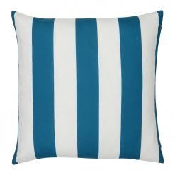 A bold teal striped pattern features on a large outdoor cushion that is also UV resistant and waterproof.