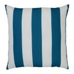 A top view of a teal outdoor floor cushion is shown with stripes on one side and a solid colour on the other.