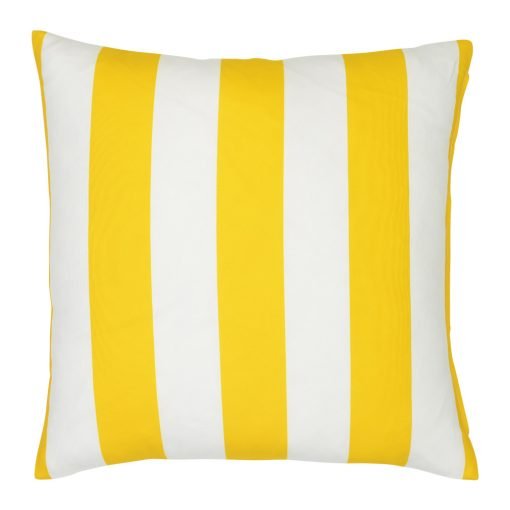 A bold yellow striped pattern features on a large outdoor cushion that is also UV resistant and waterproof.
