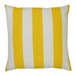 A top view of a yellow outdoor floor cushion is shown with stripes on one side and a solid colour on the other.