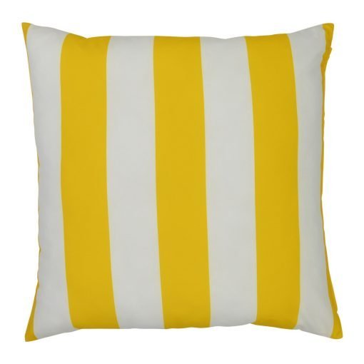 A top view of a yellow outdoor floor cushion is shown with stripes on one side and a solid colour on the other.