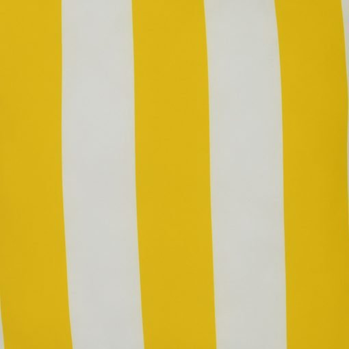 A close up view of a yellow outdoor floor cushion is shown with stripes on one side and a solid colour on the other.