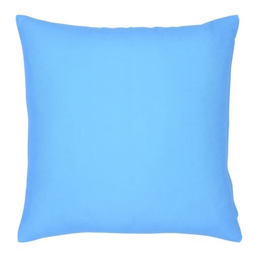 A blue outdoor cushion cover is pictured with a waterproof design and solid colouring on both sides.