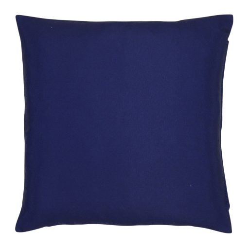 A navy blue outdoor cushion cover is pictured with a waterproof design and solid colouring on both sides.