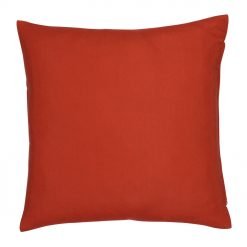 A red outdoor cushion cover is pictured with a waterproof design and solid colouring on both sides.