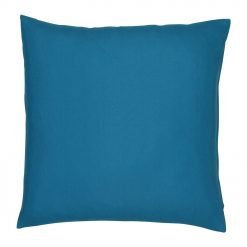 A teal outdoor cushion cover is pictured with a waterproof design and solid colouring on both sides.
