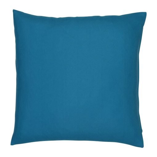 A teal outdoor cushion cover is pictured with a waterproof design and solid colouring on both sides.