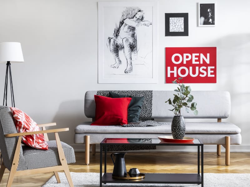 Red cushions are layered on a lightweight sofa within a modern styled living room that features light greys, black and white colouring