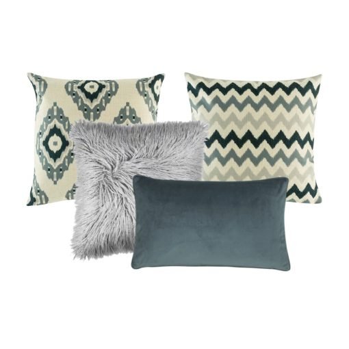 Photo of a set of 4 cushion covers with grey colours and patterns.