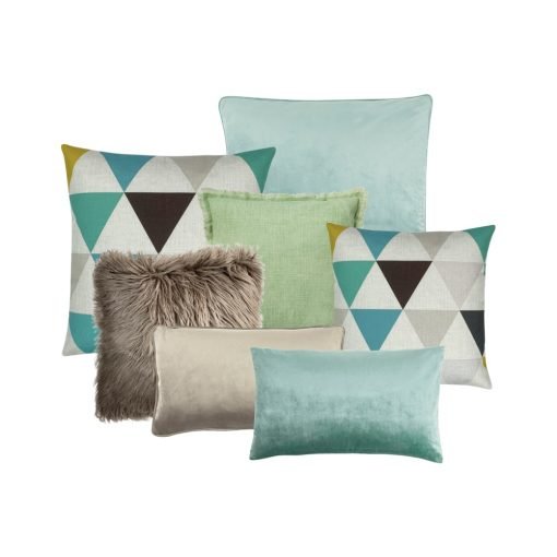 Photo of a 7 set of cushion covers in mint, green and brown colours.