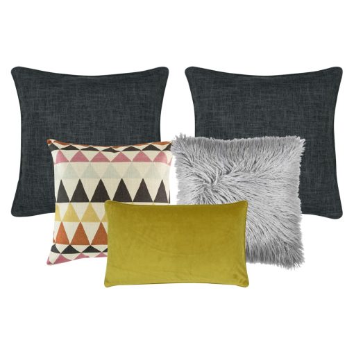 Photo of a set of five cushion covers in charcoal, grey and mustard colours.