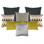 Photo of 8 set cushion cover collection, with charcoal and mustard colours and patterns
