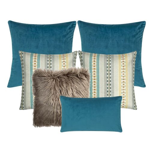Photo of cushion covers in brown and blue colours and patterns in a set of 6.
