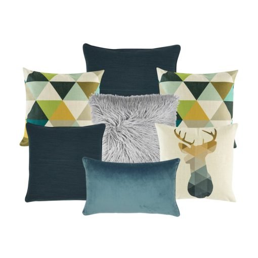 Photo of a seven set of cushion covers in grey, blue and green colours.