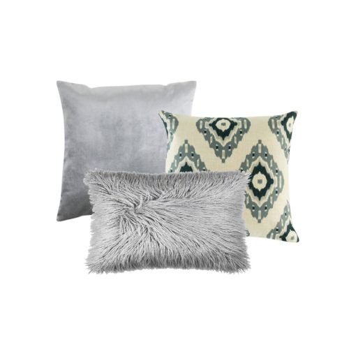Photo of cushion covers in grey colours and patterns in a set of three