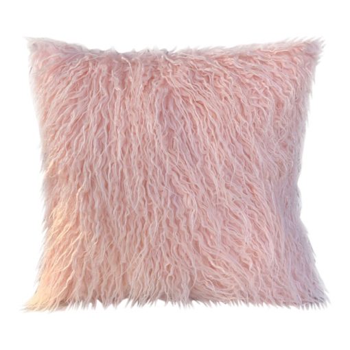 Image of a light pink fluffy fur square cushion cover