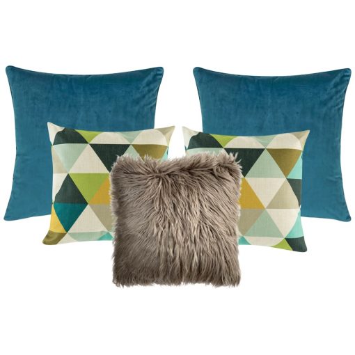 Photo of a set of 5 cushion covers in brown, green and blue colours.