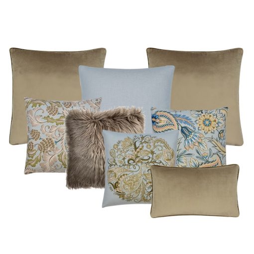 Photo of paisley cushion covers in grey, brown, oyster and paisley colours in a set of eight.