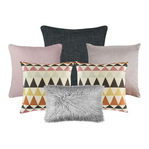 Photo of a six set of cushion covers in charcoal, light grey and pastel pink colours.