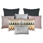 Photo of cushion covers in dark grey, light grey and pastel pink colours in a set of eight.