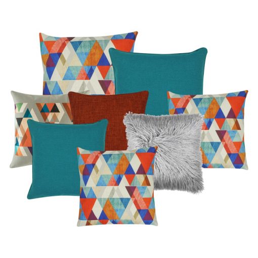Photo of a colourful eight set of cushion covers in red, grey and green colours